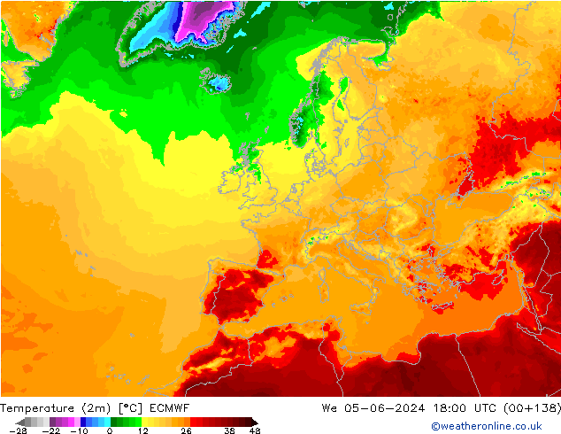 mapa temperatury (2m) ECMWF śro. 05.06.2024 18 UTC