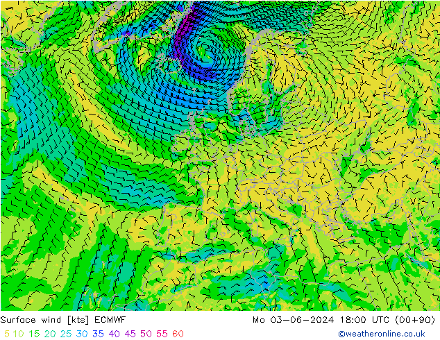 Surface wind ECMWF Mo 03.06.2024 18 UTC