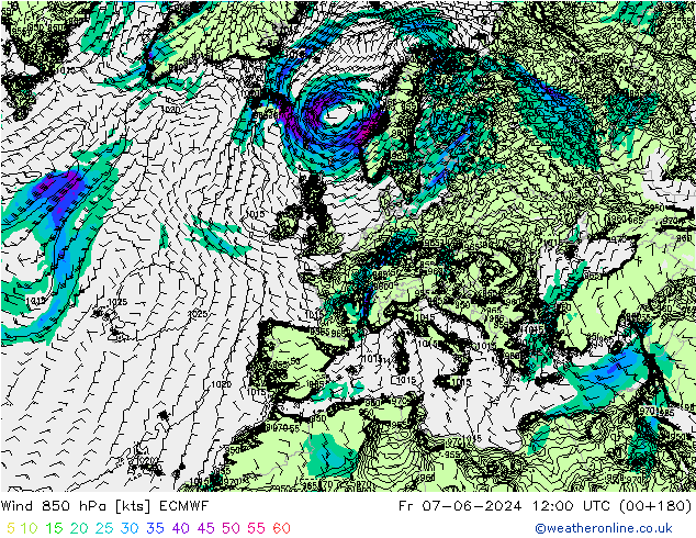 Vento 850 hPa ECMWF ven 07.06.2024 12 UTC