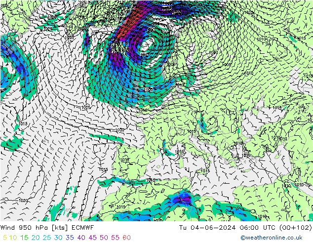 Wind 950 hPa ECMWF Tu 04.06.2024 06 UTC