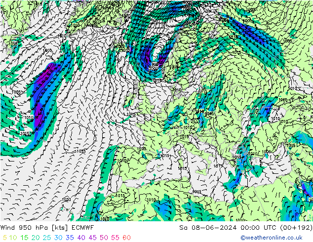 Wind 950 hPa ECMWF Sa 08.06.2024 00 UTC