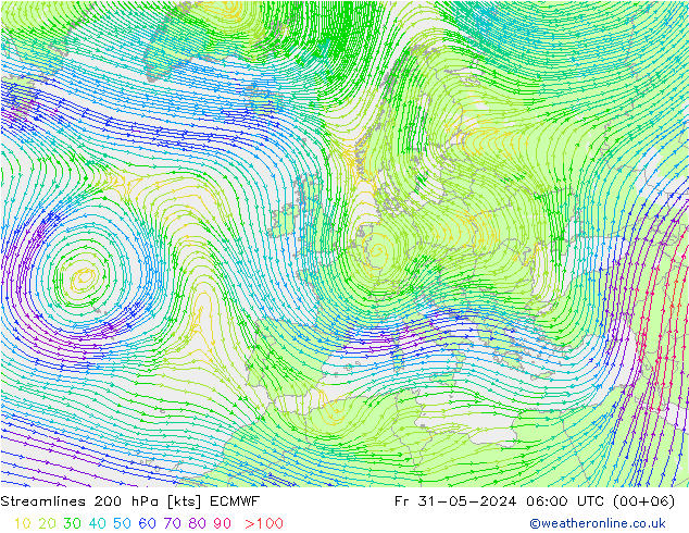 Linia prądu 200 hPa ECMWF pt. 31.05.2024 06 UTC