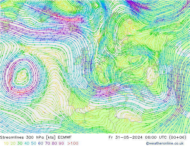 Stroomlijn 300 hPa ECMWF vr 31.05.2024 06 UTC