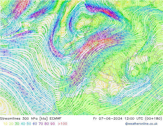 Rüzgar 300 hPa ECMWF Cu 07.06.2024 12 UTC
