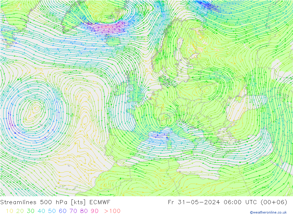 Stromlinien 500 hPa ECMWF Fr 31.05.2024 06 UTC