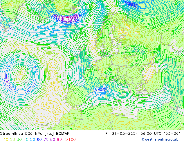 Linea di flusso 500 hPa ECMWF ven 31.05.2024 06 UTC