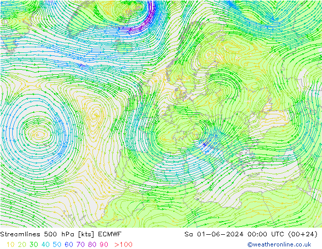 ветер 500 гПа ECMWF сб 01.06.2024 00 UTC