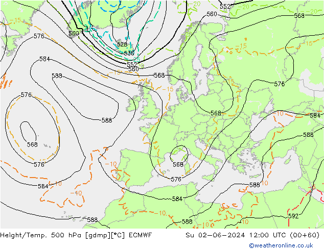 Z500/Rain (+SLP)/Z850 ECMWF dom 02.06.2024 12 UTC