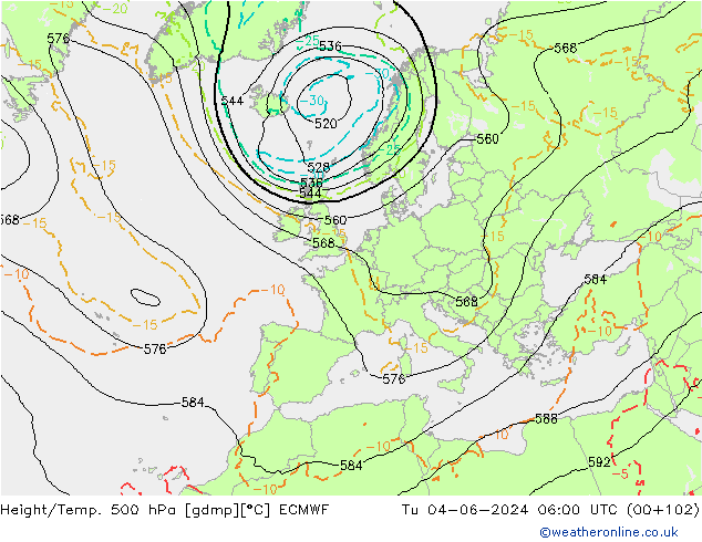 Z500/Yağmur (+YB)/Z850 ECMWF Sa 04.06.2024 06 UTC