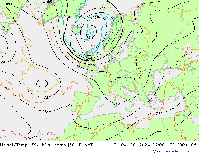 Height/Temp. 500 hPa ECMWF Tu 04.06.2024 12 UTC