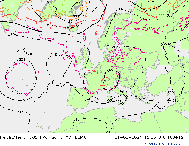 Height/Temp. 700 hPa ECMWF Fr 31.05.2024 12 UTC