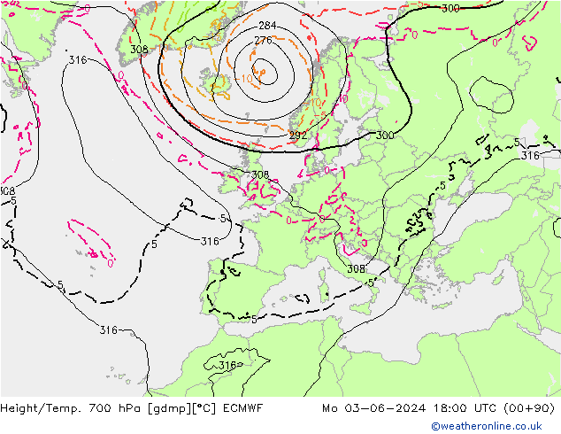 Height/Temp. 700 hPa ECMWF Mo 03.06.2024 18 UTC