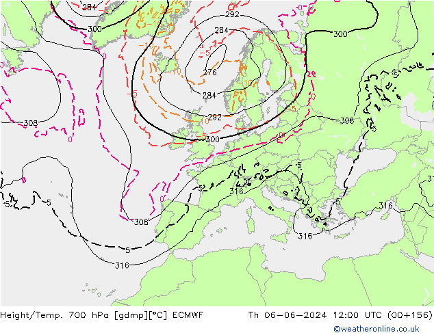 Height/Temp. 700 hPa ECMWF czw. 06.06.2024 12 UTC