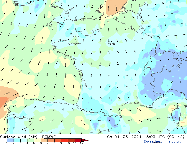 Bodenwind (bft) ECMWF Sa 01.06.2024 18 UTC