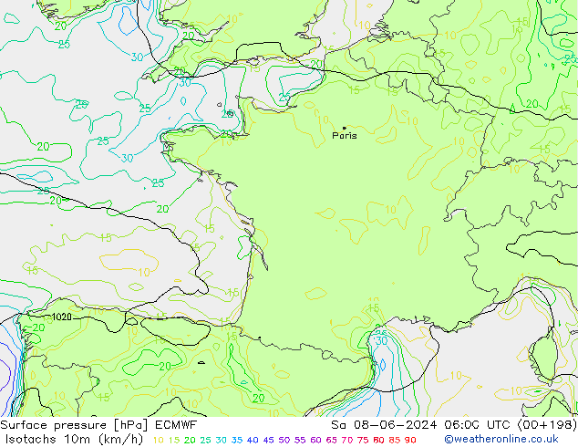 Isotachs (kph) ECMWF  08.06.2024 06 UTC
