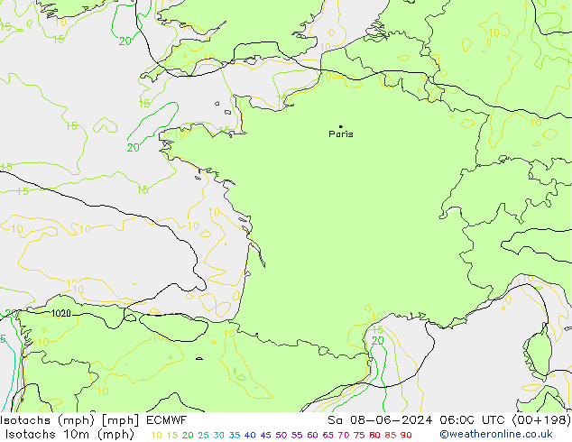 Isotachs (mph) ECMWF сб 08.06.2024 06 UTC