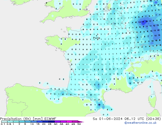 Precipitation (6h) ECMWF Sa 01.06.2024 12 UTC