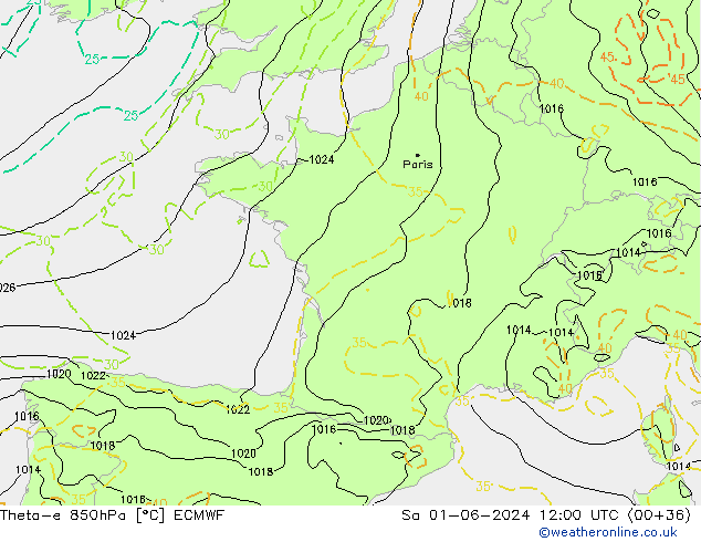 Theta-e 850hPa ECMWF Sa 01.06.2024 12 UTC