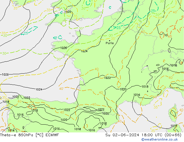 Theta-e 850hPa ECMWF Su 02.06.2024 18 UTC