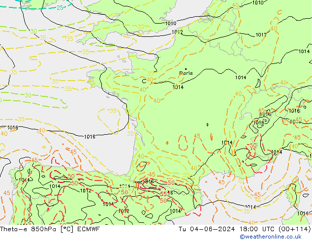 Theta-e 850hPa ECMWF di 04.06.2024 18 UTC