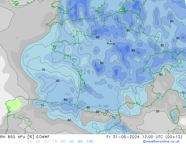 RH 850 hPa ECMWF Sex 31.05.2024 12 UTC