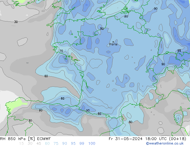 RH 850 hPa ECMWF Fr 31.05.2024 18 UTC