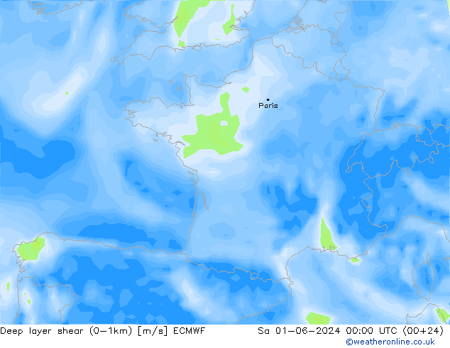 Deep layer shear (0-1km) ECMWF Sa 01.06.2024 00 UTC