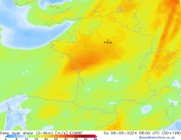 Deep layer shear (0-6km) ECMWF сб 08.06.2024 06 UTC