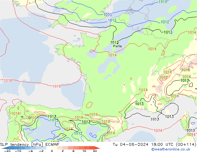 SLP tendency ECMWF Tu 04.06.2024 18 UTC