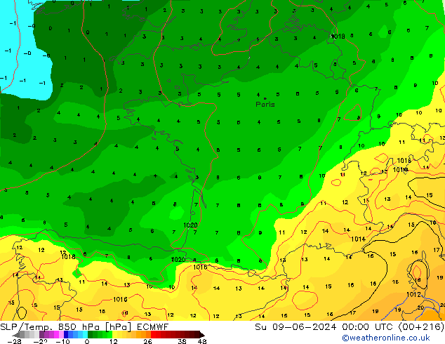 SLP/Temp. 850 hPa ECMWF Su 09.06.2024 00 UTC