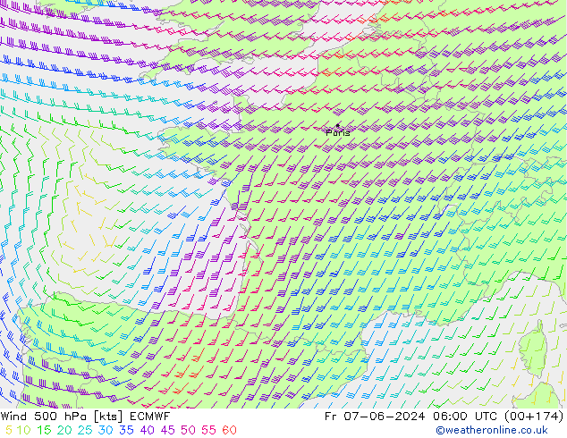wiatr 500 hPa ECMWF pt. 07.06.2024 06 UTC