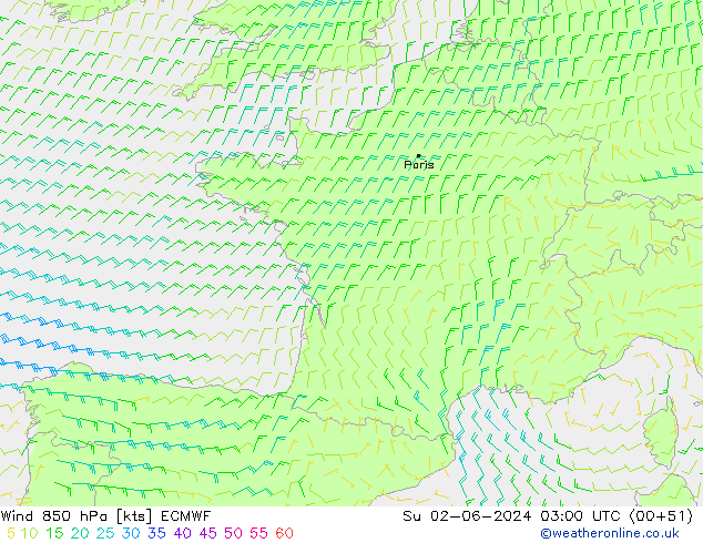 ветер 850 гПа ECMWF Вс 02.06.2024 03 UTC