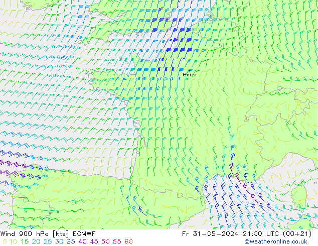 Rüzgar 900 hPa ECMWF Cu 31.05.2024 21 UTC