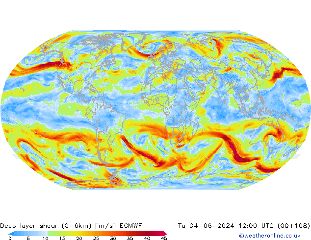 Deep layer shear (0-6km) ECMWF Sa 04.06.2024 12 UTC