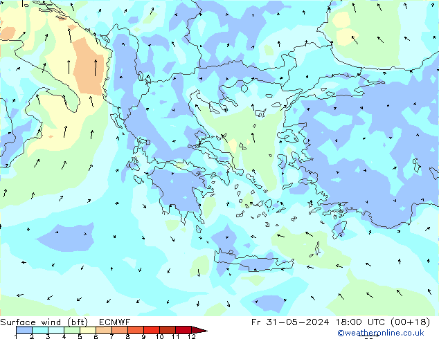 Rüzgar 10 m (bft) ECMWF Cu 31.05.2024 18 UTC