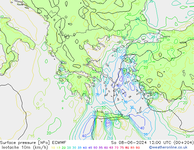 Isotachs (kph) ECMWF Sa 08.06.2024 12 UTC