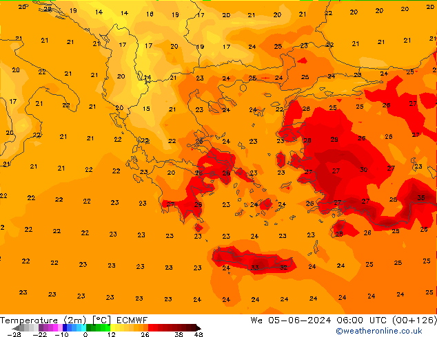 mapa temperatury (2m) ECMWF śro. 05.06.2024 06 UTC