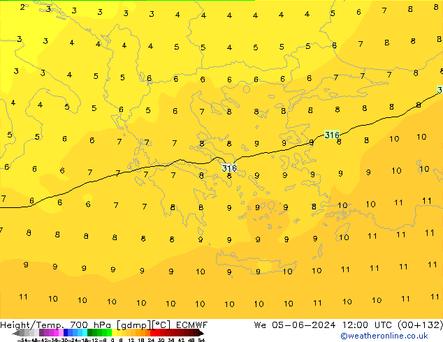 Height/Temp. 700 hPa ECMWF śro. 05.06.2024 12 UTC