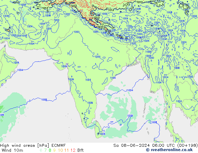 High wind areas ECMWF Sa 08.06.2024 06 UTC