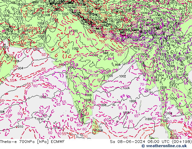 Theta-e 700hPa ECMWF Sa 08.06.2024 06 UTC