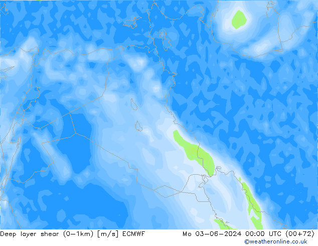 Deep layer shear (0-1km) ECMWF lun 03.06.2024 00 UTC