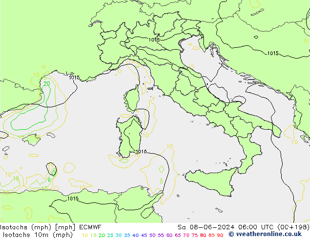 Isotachs (mph) ECMWF Sa 08.06.2024 06 UTC