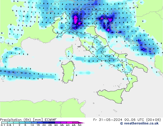 Precipitation (6h) ECMWF Fr 31.05.2024 06 UTC
