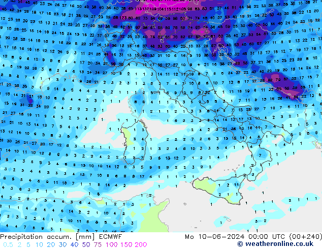 Précipitation accum. ECMWF lun 10.06.2024 00 UTC