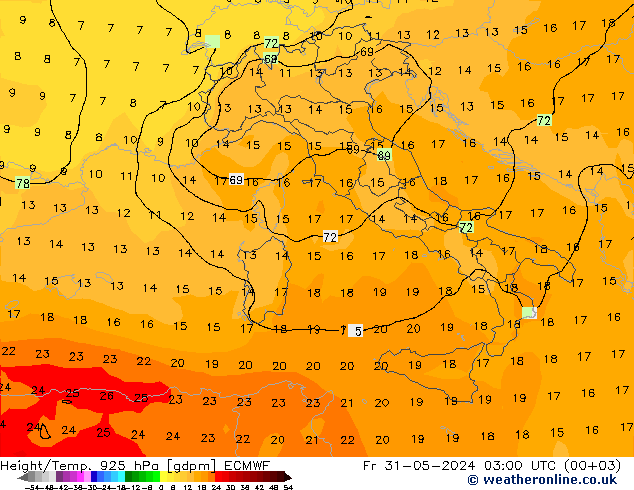 Geop./Temp. 925 hPa ECMWF vie 31.05.2024 03 UTC