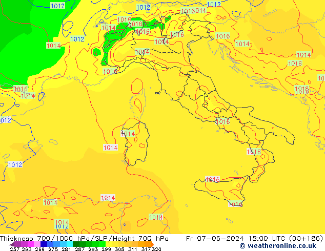 Thck 700-1000 hPa ECMWF Fr 07.06.2024 18 UTC