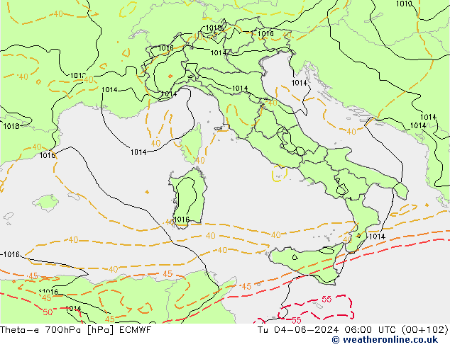 Theta-e 700hPa ECMWF Út 04.06.2024 06 UTC