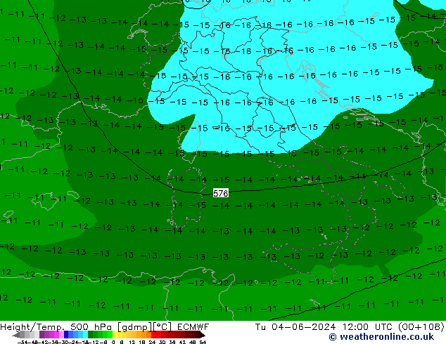 Hoogte/Temp. 500 hPa ECMWF di 04.06.2024 12 UTC