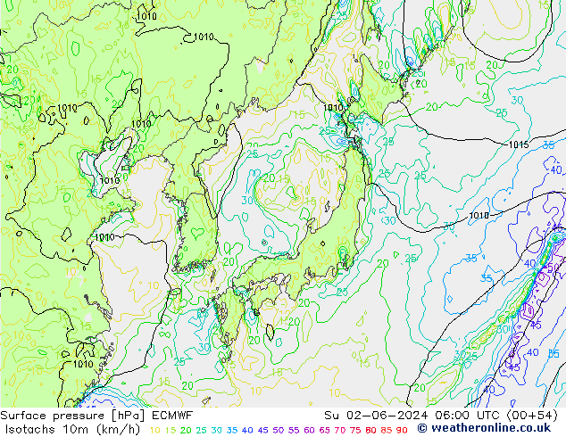 Isotachs (kph) ECMWF Dom 02.06.2024 06 UTC