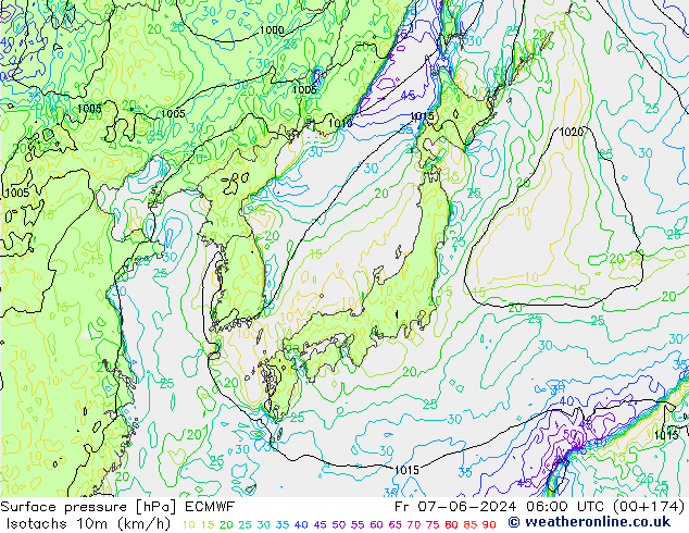 Isotachs (kph) ECMWF пт 07.06.2024 06 UTC